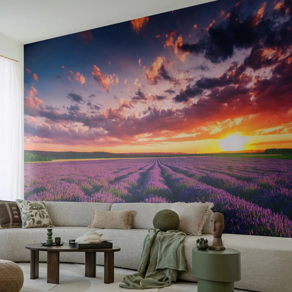Fototapete Premium Sand - Lavendelfeld bei Sonnenuntergang - 100x70cm - Lavendel Welt - Moderne Wanddekoration für Wohnzimmer und Schlafzimmer ARTTOR