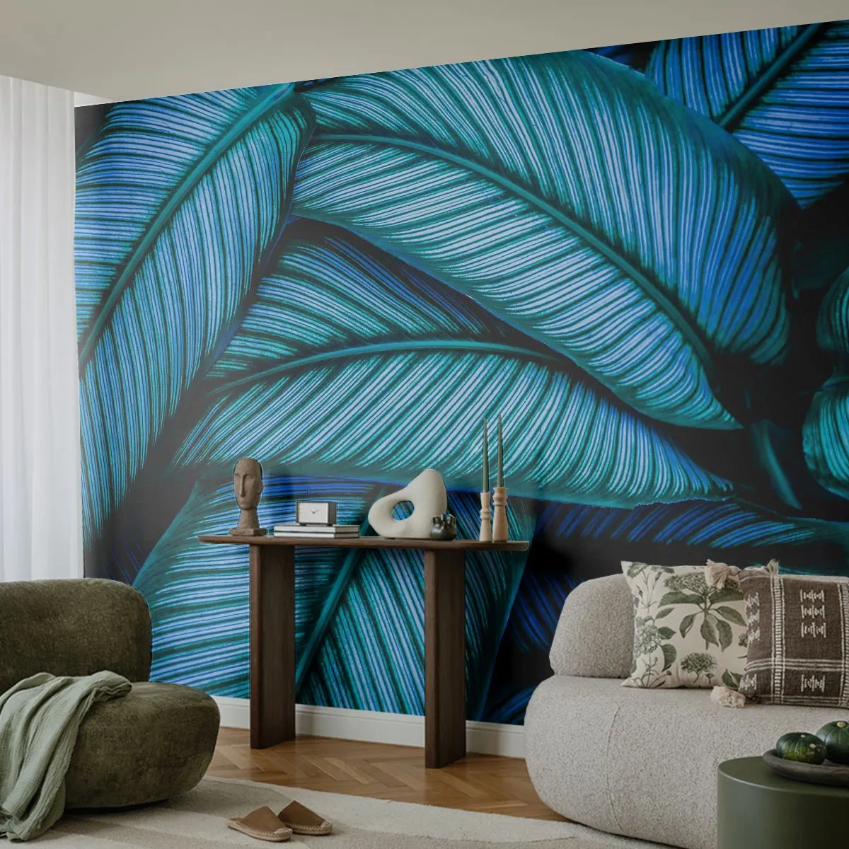 Fototapete Premium Sand - Nahaufnahme von türkisfarbenen Blättern mit intensiver Maserung - 100x70cm - Lebenslinien - Moderne Wanddekoration für Wohnzimmer und Schlafzimmer ARTTOR