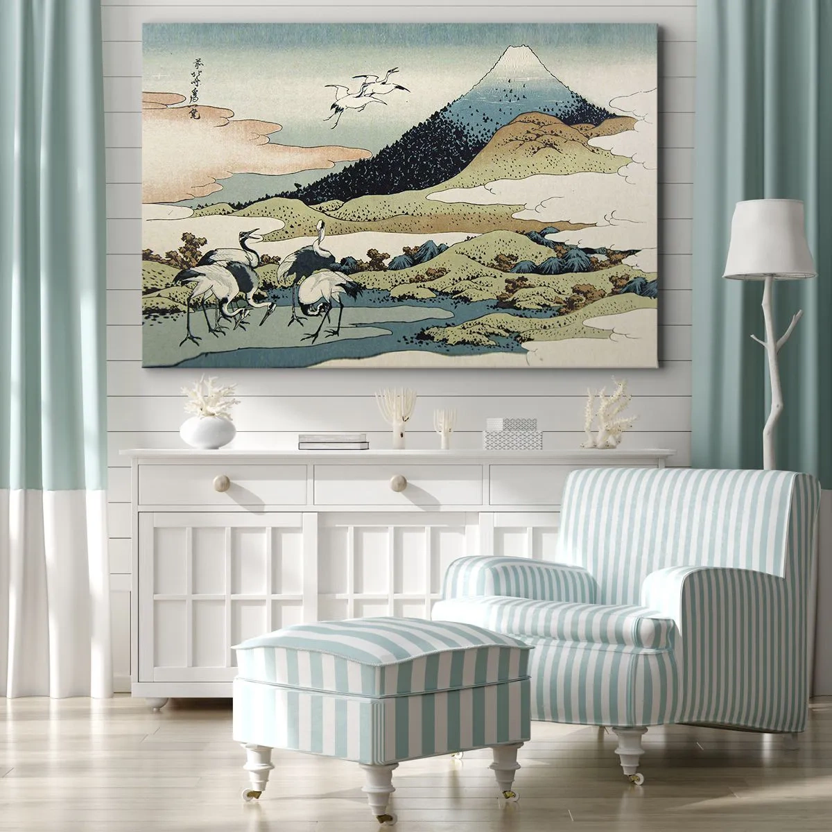 Bild auf Leinwand - Leinwandbild - Traditionelle japanische Grafik mit Bergen und Kranichen - 120x80cm - Im japanischen Geist - Moderne Wanddekoration für Wohnzimmer und Schlafzimmer ARTTOR