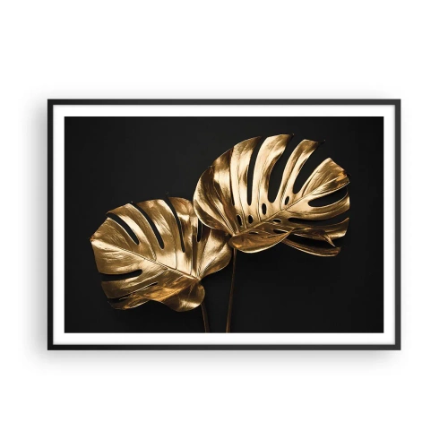 Poster in einem schwarzem Rahmen - Goldene Monstera-Blätter auf schwarzem Hintergrund - 100x70cm - Die Schätze der Natur - Moderne Wanddekoration für Wohnzimmer und Schlafzimmer ARTTOR