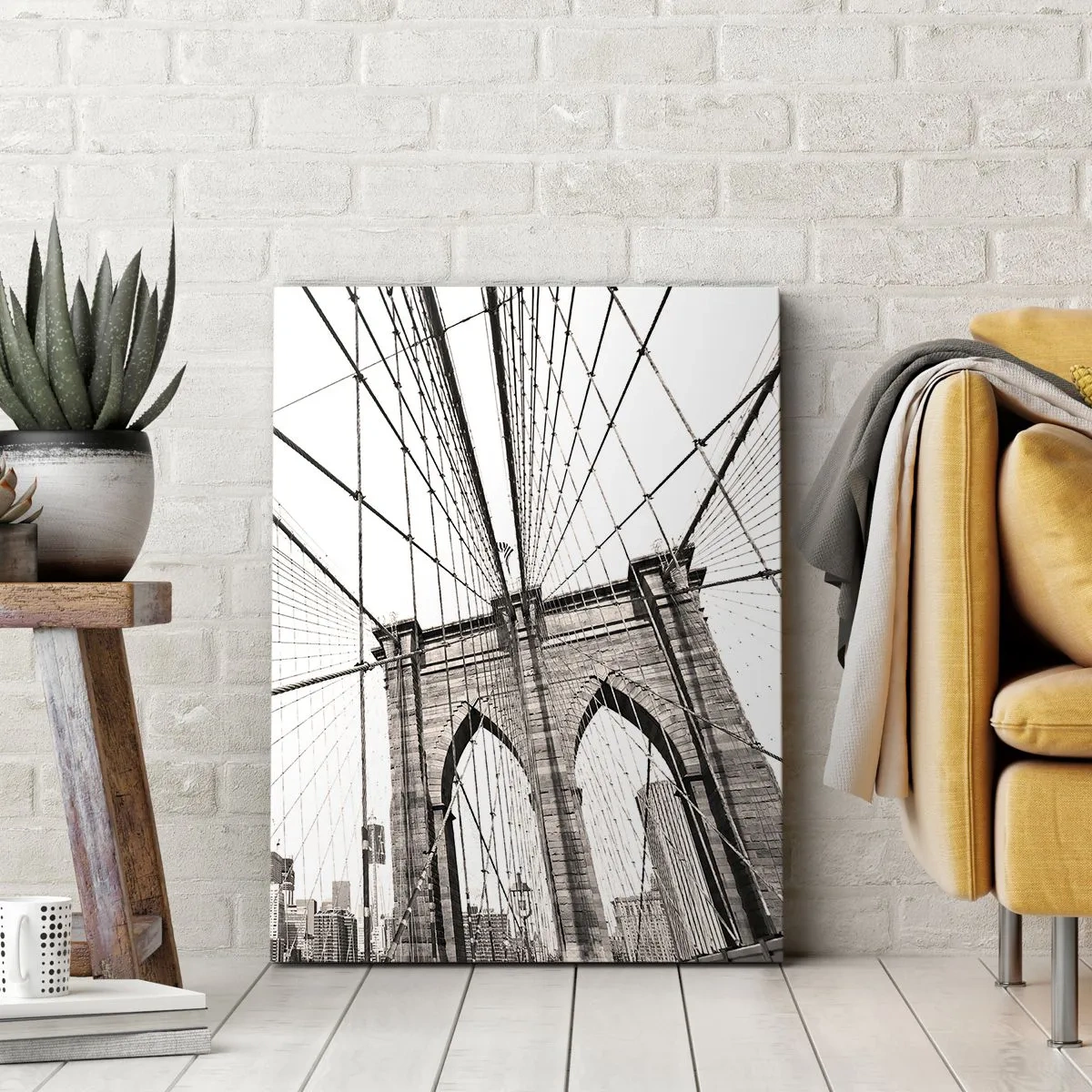 Bild auf Leinwand - Leinwandbild - Die Brooklyn Bridge in Schwarzweiß - 80x120cm - New Yorker Kathedrale - Moderne Wanddekoration für Wohnzimmer und Schlafzimmer ARTTOR