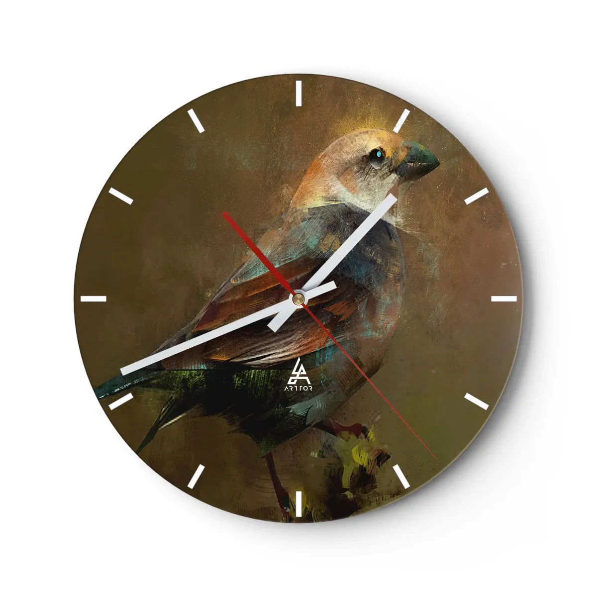 Wanduhr - Glasuhr - Ein bunter Vogel auf einem Hintergrund in Brauntönen - 30x30cm - Ein Spatz, ein kleines Vögelchen - Moderne Wanddekoration für Wohnzimmer, Küche und Schlafzimmer ARTTOR