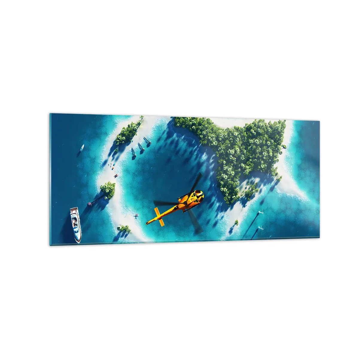 Glasbild - Bild auf glas - Eine tropische Insel, umgeben von türkisfarbenem Wasser, mit einem Hubschrauber in Sicht - 120x50cm - Kauf dir eine Insel - Moderne Wanddekoration für Wohnzimmer und Schlafzimmer ARTTOR