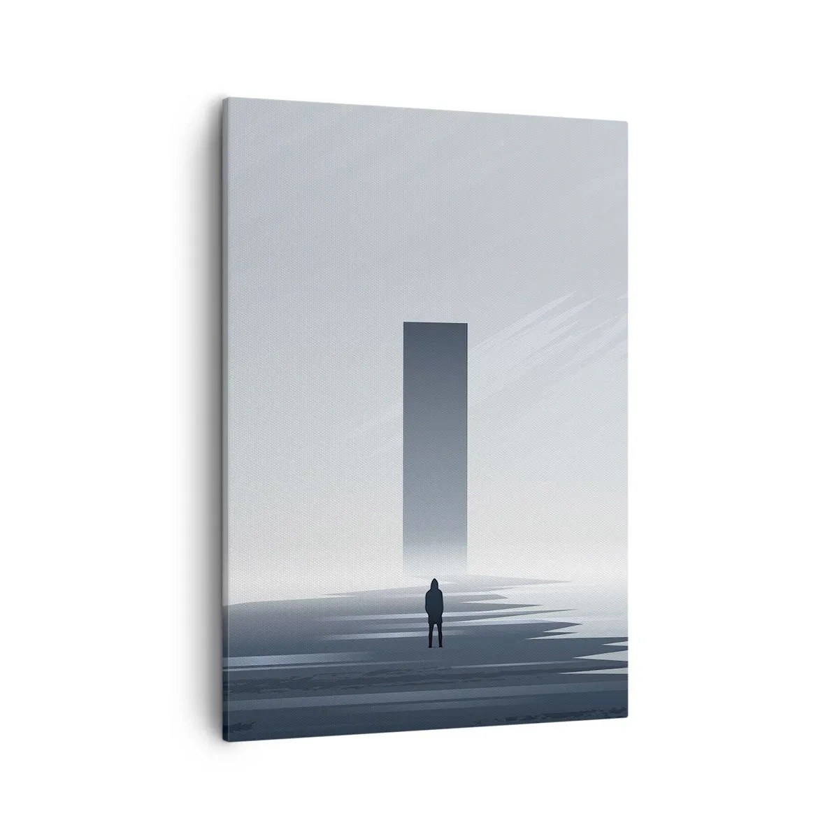 Bild auf Leinwand - Leinwandbild - Eine minimalistische Landschaft mit einer Silhouette neben einem rechteckigen Monolithen - 50x70cm - Chance oder Bedrohung? - Moderne Wanddekoration für Wohnzimmer und Schlafzimmer ARTTOR