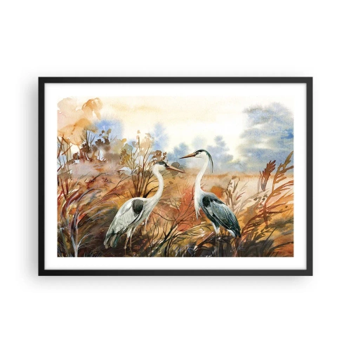 Poster in einem schwarzem Rahmen - Zwei Reiher vor dem Hintergrund einer herbstlichen Landschaft - 70x50cm - Wohin im Herbst? - Moderne Wanddekoration für Wohnzimmer und Schlafzimmer ARTTOR
