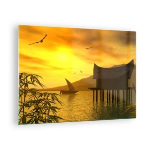 Glasbild - Bild auf glas - Sonnenuntergang über dem See mit einem Haus auf Stelzen - 70x50cm - Der ersehnte Frieden - Moderne Wanddekoration für Wohnzimmer und Schlafzimmer ARTTOR