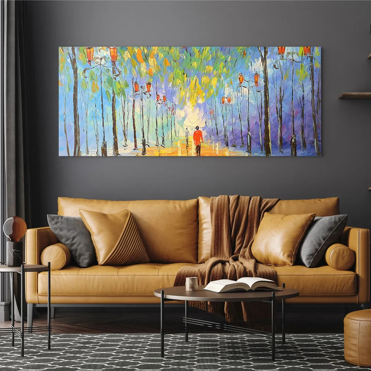 Glasbild - Bild auf glas - Ein malerischer Spaziergang zwischen den Laternen in einer regnerischen Nacht - 160x50cm - Nachtlied des Regens - Moderne Wanddekoration für Wohnzimmer und Schlafzimmer ARTTOR