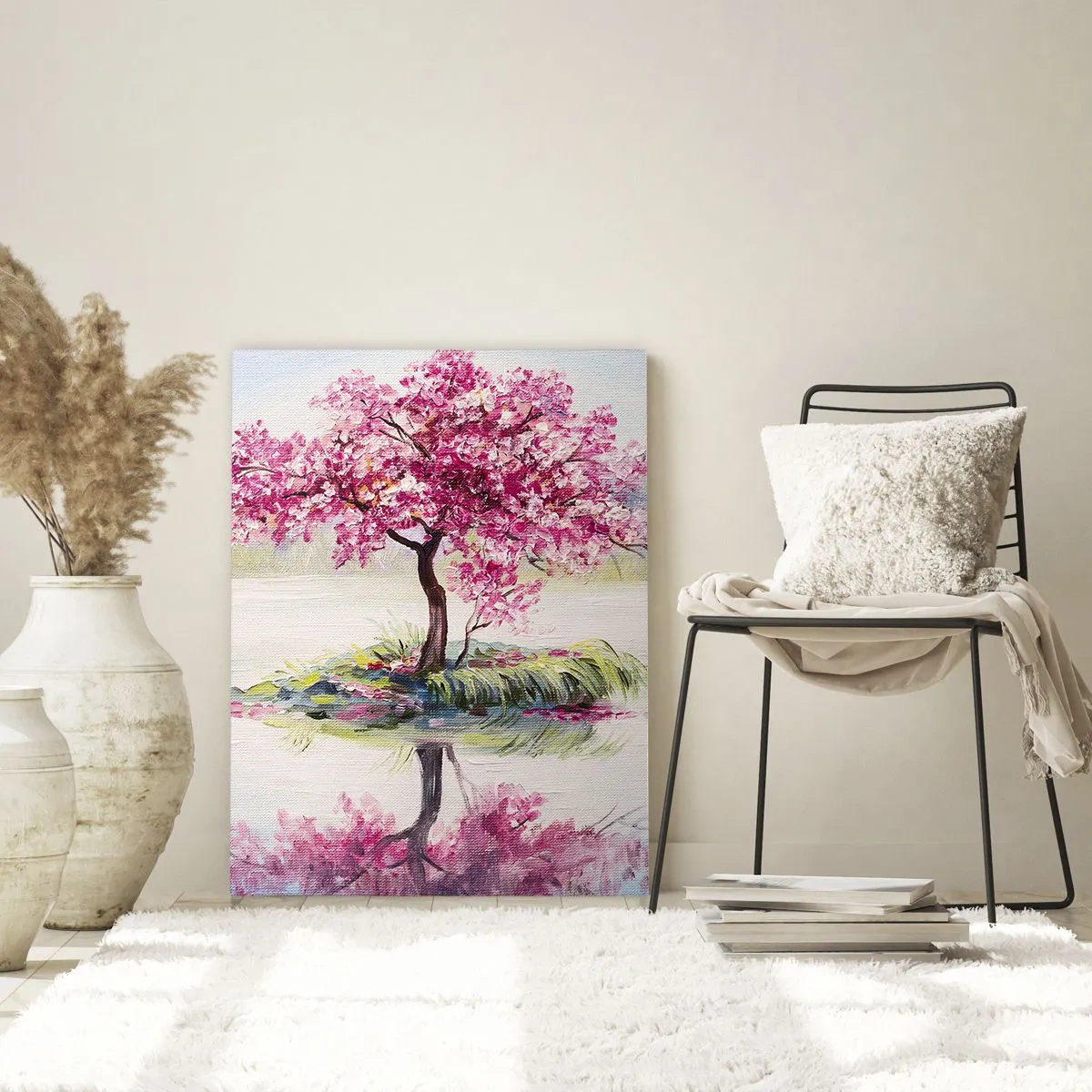 Glasbild - Bild auf glas - Ein rosa Baum auf einer Insel, der sich im ruhigen Wasser spiegelt - 50x70cm - Der Ritus des Frühlings - Moderne Wanddekoration für Wohnzimmer und Schlafzimmer ARTTOR