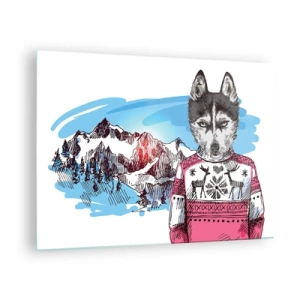 Glasbild - Bild auf glas - Husky im Pullover mit Bergen im Hintergrund - 70x50cm - Ein Wolf in Schafwolle - Moderne Wanddekoration für Wohnzimmer und Schlafzimmer ARTTOR