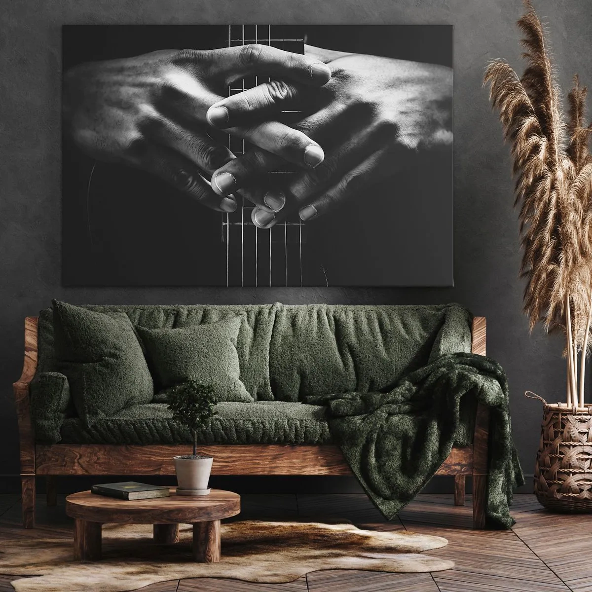 Bild auf Leinwand - Leinwandbild - Hände auf einer Gitarre in einem monochromen Ton gefaltet - 120x80cm - Gebet des Künstlers - Moderne Wanddekoration für Wohnzimmer und Schlafzimmer ARTTOR