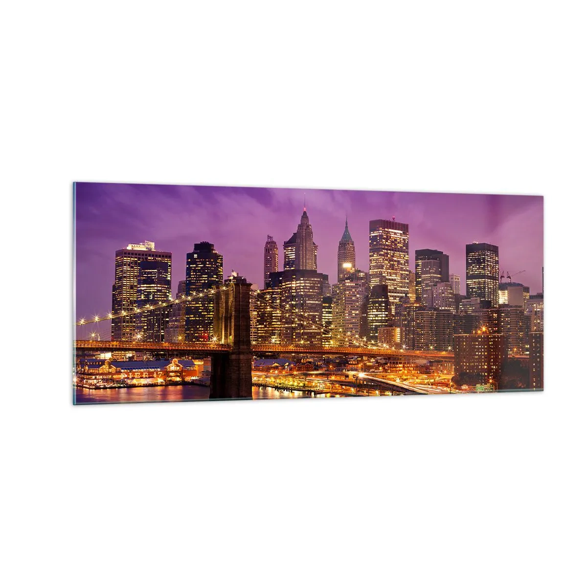 Glasbild - Bild auf glas - Violett-goldenes Manhathann - 100x40 cm