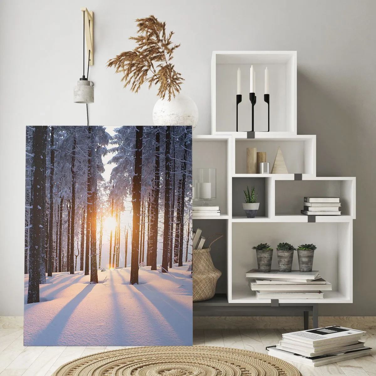 Glasbild - Bild auf glas - Winterwald mit Sonnenstrahlen, die durch die Bäume scheinen - 50x70cm - Ganz klar schwarz auf weiß - Moderne Wanddekoration für Wohnzimmer und Schlafzimmer ARTTOR