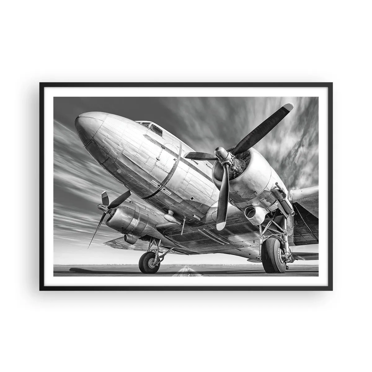 Poster in einem schwarzem Rahmen - Ein Schwarzweißbild eines klassischen Flugzeugs mit sichtbaren Strukturdetails. - 100x70cm - Immer flugbereit - Moderne Wanddekoration für Wohnzimmer und Schlafzimmer ARTTOR