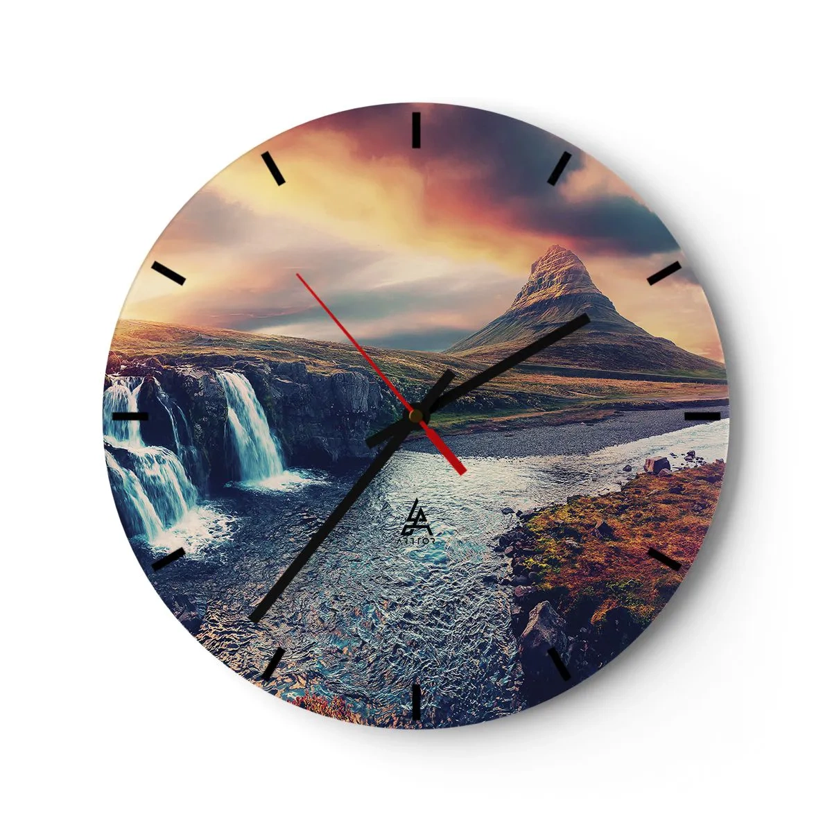 Wanduhr - Glasuhr - Berglandschaft mit Wasserfall bei Sonnenuntergang - 30x30cm - In der Majestät der Natur - Moderne Wanddekoration für Wohnzimmer, Küche und Schlafzimmer ARTTOR