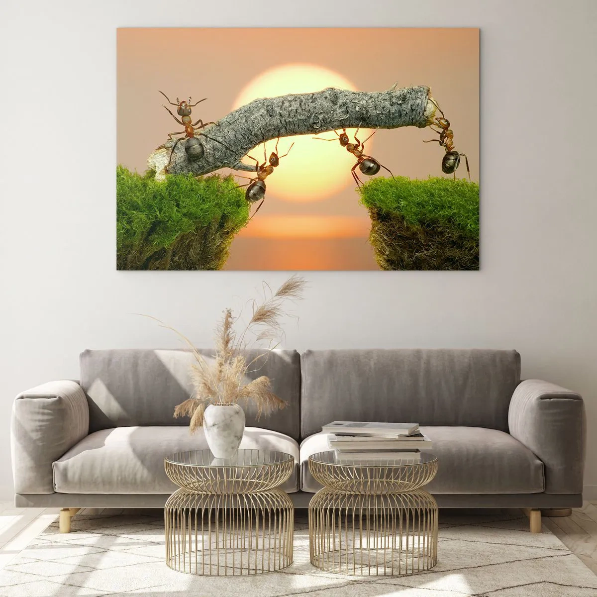 Glasbild - Bild auf glas - Ameisen bauen bei Sonnenuntergang eine Brücke - 100x70cm - Glücklich, zusammen arbeiten - Moderne Wanddekoration für Wohnzimmer und Schlafzimmer ARTTOR