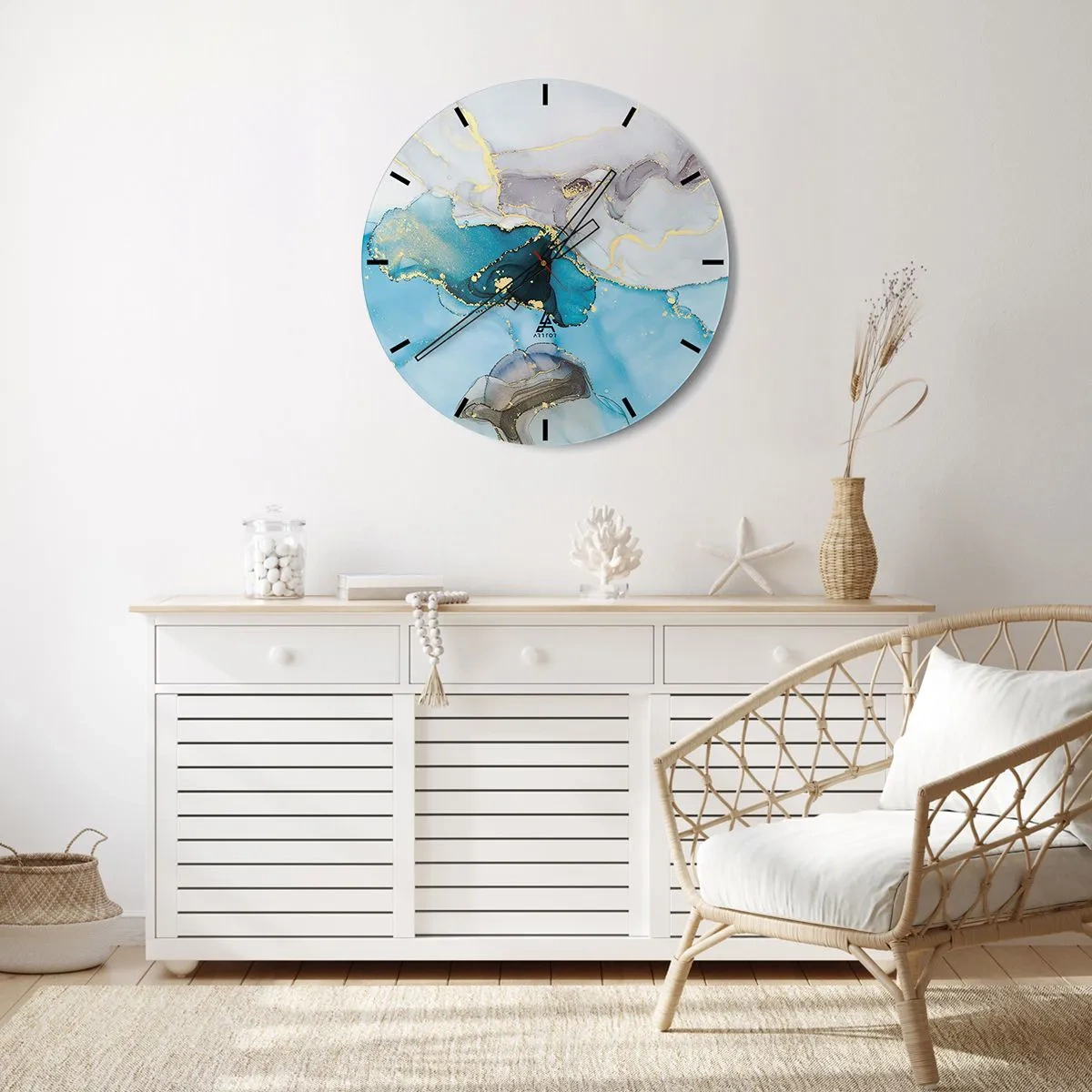 Wanduhr - Glasuhr - Eine Studie über das Zusammentreffen von Grau und Türkis - 30x30 cm