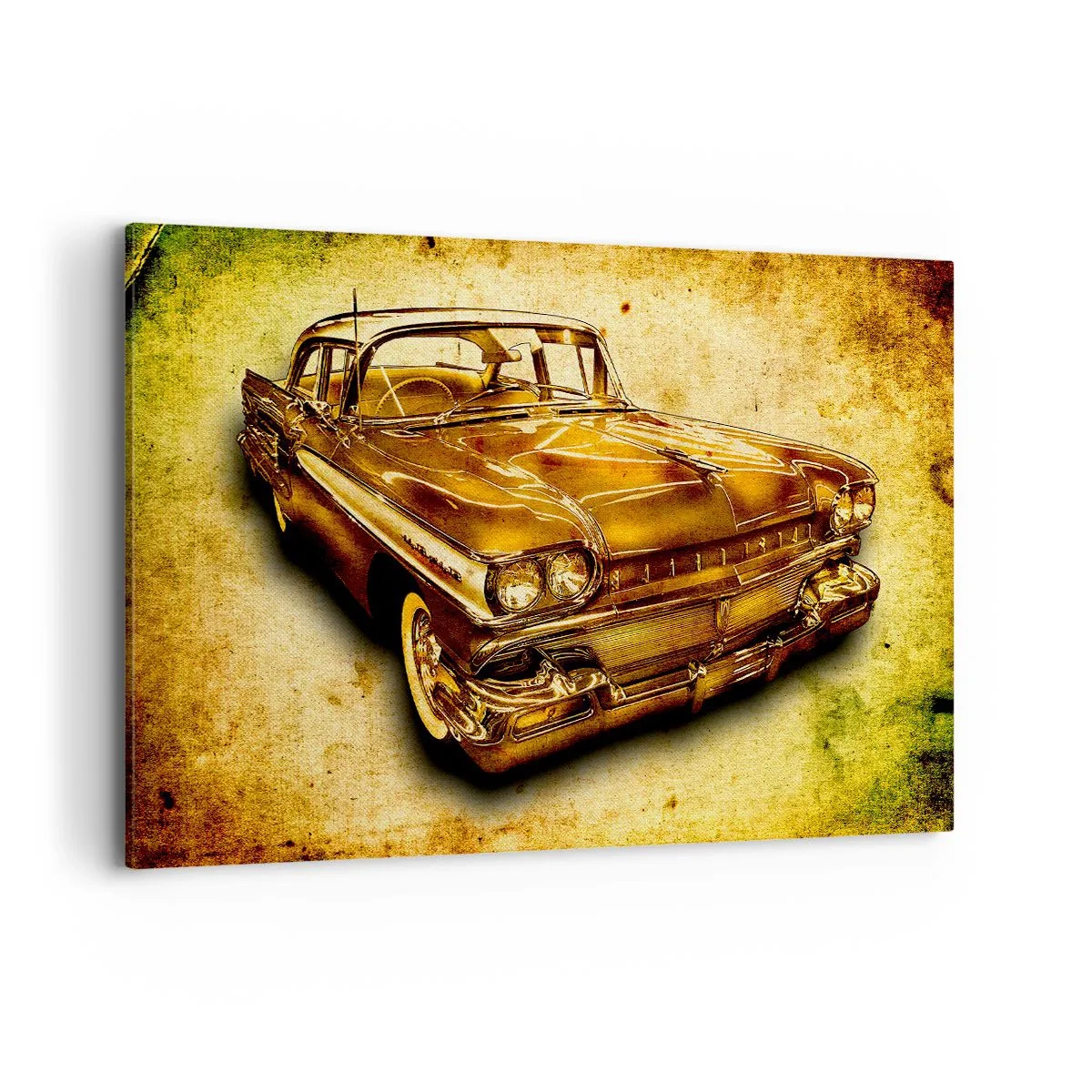 Bild auf Leinwand - Leinwandbild - Ein goldenes klassisches Retro-Auto auf einem Vintage-Hintergrund mit gealtertem Effekt. - 120x80cm - Die unvergängliche Schönheit der Klassiker - Moderne Wanddekoration für Wohnzimmer und Schlafzimmer ARTTOR