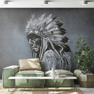 Fototapete Premium Sand - Porträt eines Häuptlings mit Federschmuck vor dunklem Hintergrund - 100x70cm - Zurück zu den Wurzeln - Moderne Wanddekoration für Wohnzimmer und Schlafzimmer ARTTOR