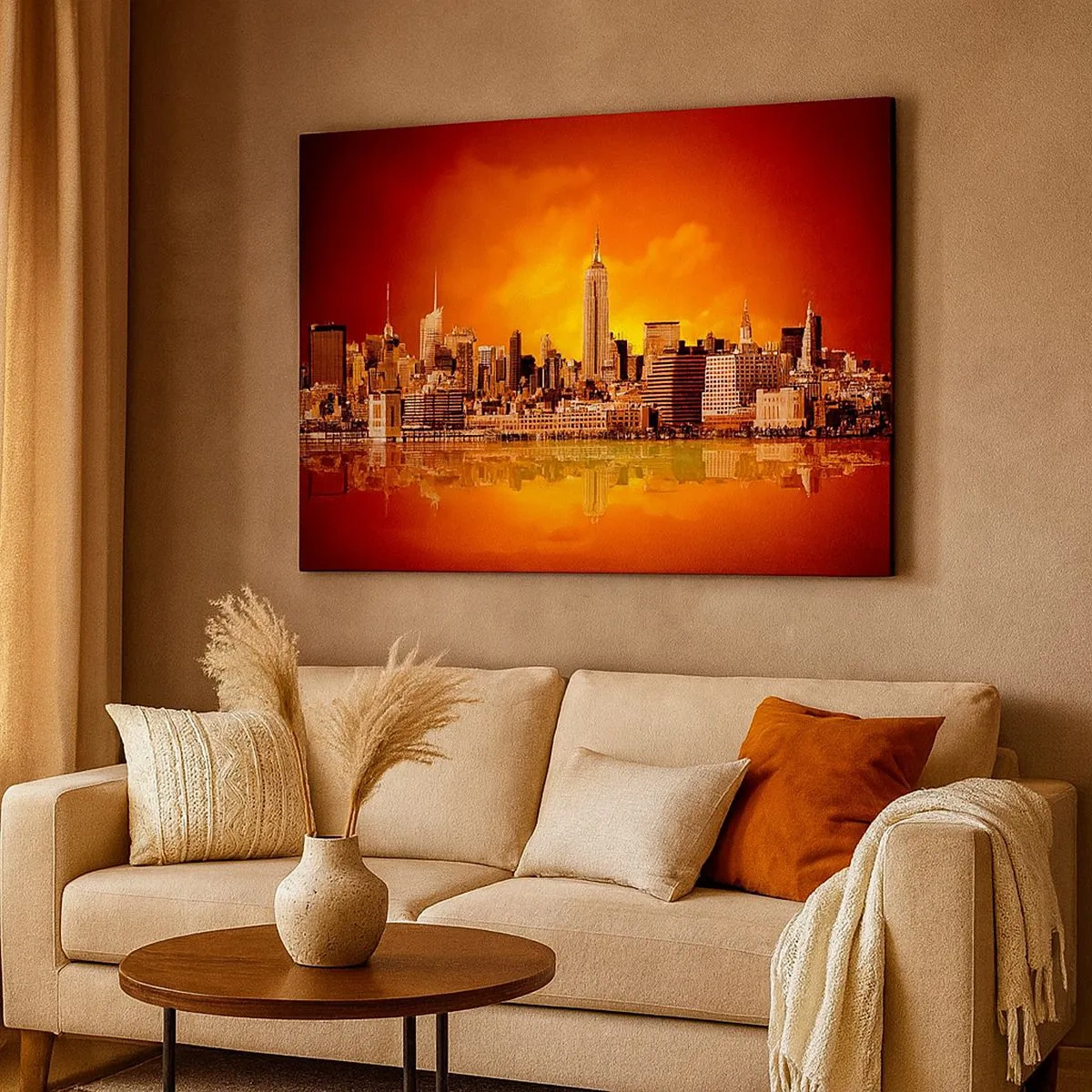 Bild auf Leinwand - Leinwandbild - Panorama der Stadt bei Sonnenuntergang mit im Wasser reflektierten Gebäuden - 70x50cm - Das Großstadtpanorama in Gelb und Bronze - Moderne Wanddekoration für Wohnzimmer und Schlafzimmer ARTTOR
