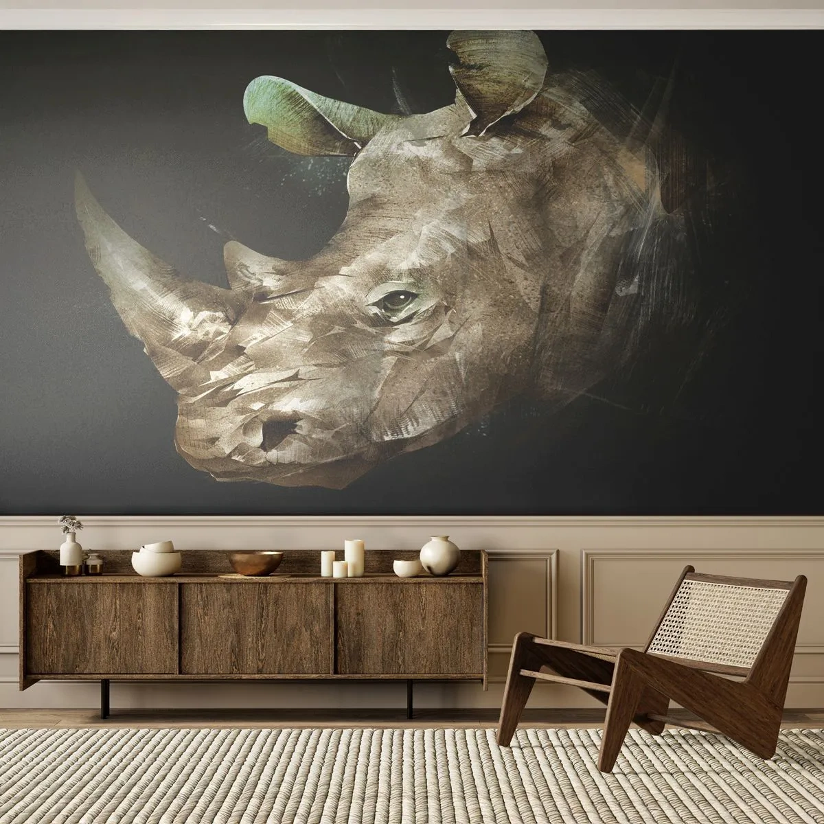 Fototapete Premium Sand - Eine wahrhaft männliche Stärke - Abstraktion, Nashorn, Tiere - 450x315 cm
