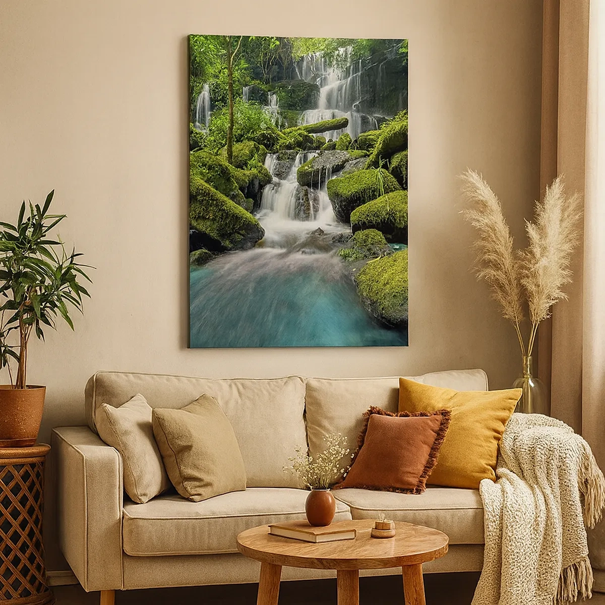 Bild auf Leinwand - Leinwandbild - Ein tropischer Wasserfall, umgeben von Grün und türkisfarbenem Wasser - 50x70cm - Türkis, Saphire und flüssiges Silber - Moderne Wanddekoration für Wohnzimmer und Schlafzimmer ARTTOR