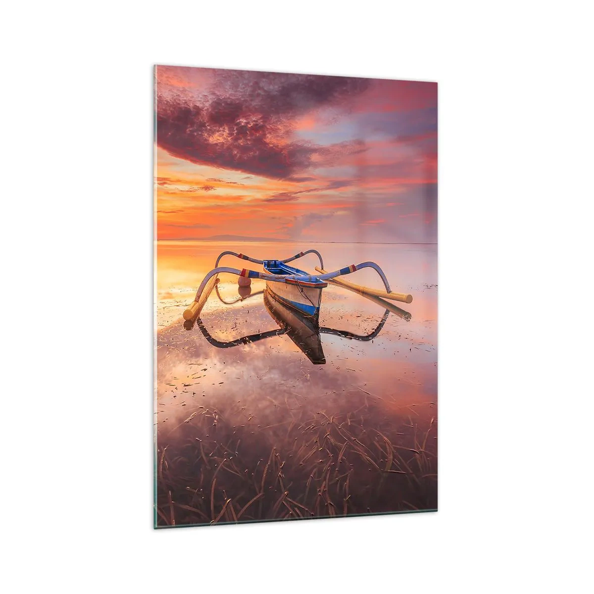 Glasbild - Bild auf glas - Ein Boot auf ruhigem Wasser bei Sonnenuntergang - 70x100cm - Die Ruhe eines tropischen Abends - Moderne Wanddekoration für Wohnzimmer und Schlafzimmer ARTTOR