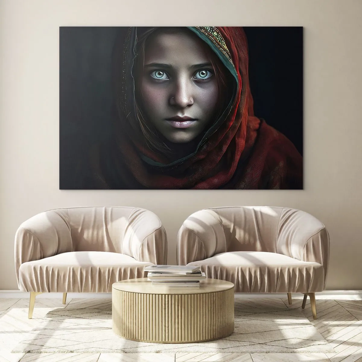 Glasbild - Bild auf glas - Porträt einer Frau mit rotem Schal vor dunklem Hintergrund - 70x50cm - Prinzessin aus dem Osten - Moderne Wanddekoration für Wohnzimmer und Schlafzimmer ARTTOR