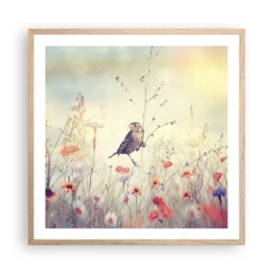 Poster in einem Rahmen aus heller Eiche - Vogelporträt mit einer Wiese im Hintergrund - 60x60 cm