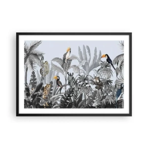Poster in einem schwarzem Rahmen - Tropischer Dschungel mit exotischen Tieren auf grauem Hintergrund - 70x50cm - Afrikanisches Märchen - Moderne Wanddekoration für Wohnzimmer und Schlafzimmer ARTTOR
