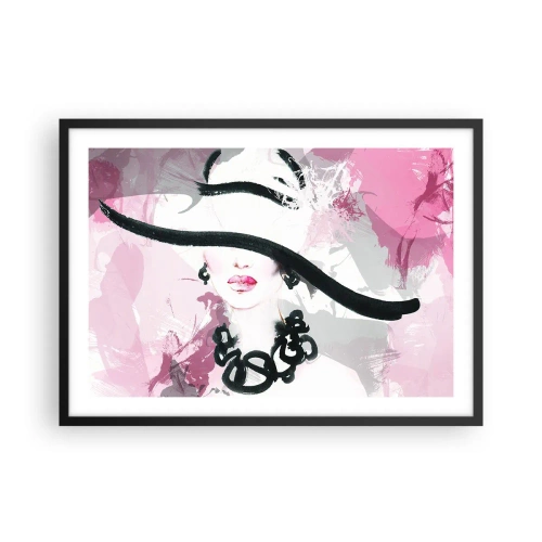 Poster in einem schwarzem Rahmen - Eine elegante Frau mit Hut vor einem Hintergrund aus rosa Abstraktionen. - 70x50cm - Bildnis einer Dame in Schwarz und Pink - Moderne Wanddekoration für Wohnzimmer und Schlafzimmer ARTTOR