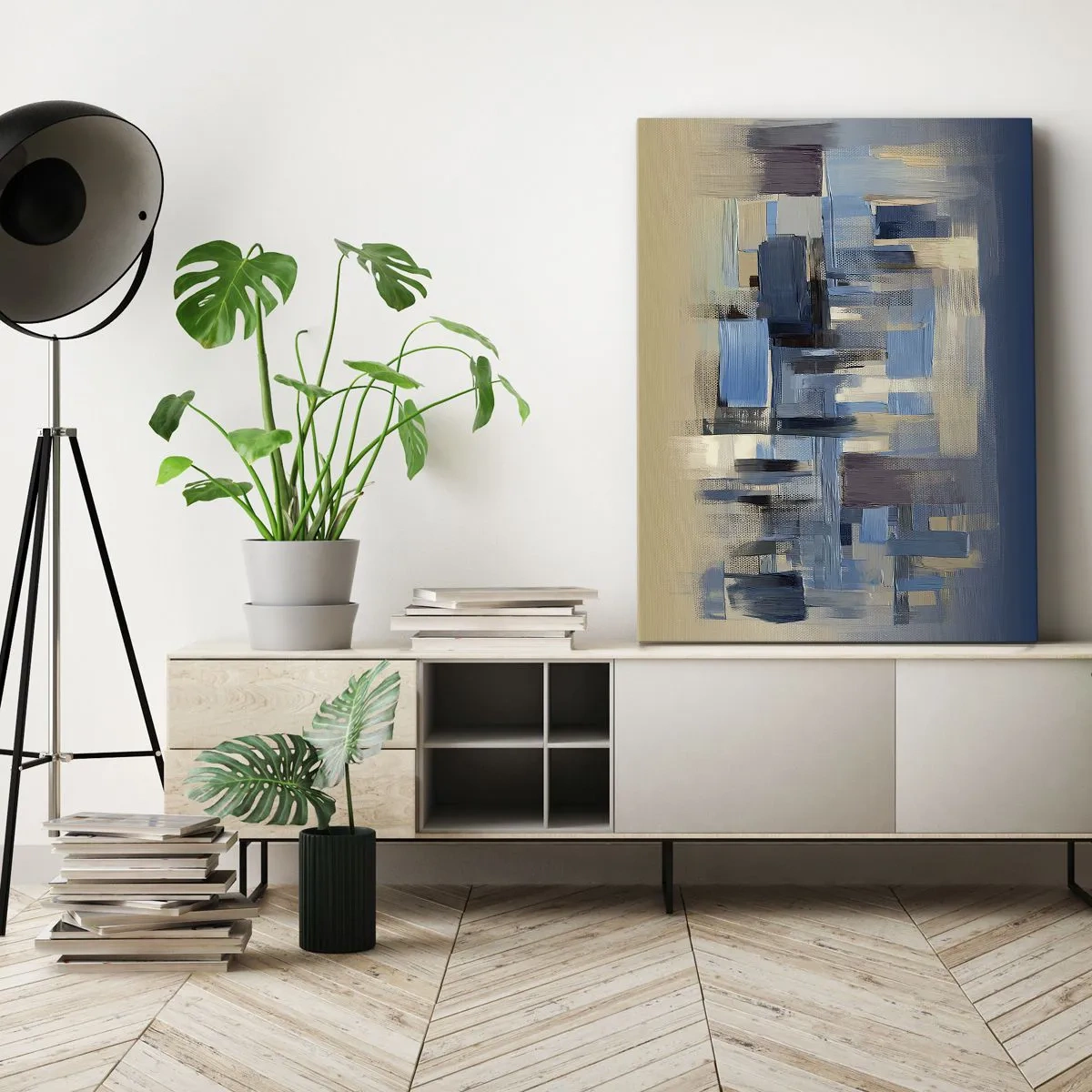 Bild auf Leinwand - Leinwandbild - Geometrische Formen in Blau- und Beigetönen - 50x70cm - Blaue Konstruktion - Moderne Wanddekoration für Wohnzimmer und Schlafzimmer ARTTOR