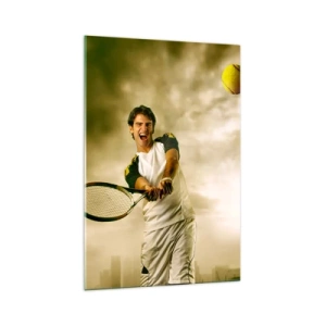 Glasbild - Bild auf glas - Tennisspieler in Aktion während eines Spiels vor dem Hintergrund einer urbanen Landschaft - 70x100cm - Energie und Freude - Moderne Wanddekoration für Wohnzimmer und Schlafzimmer ARTTOR