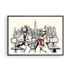 Poster in einem schwarzem Rahmen - Ein Jazzduo mit Saxophon und Gitarre vor der Kulisse der Stadt - 100x70cm - New Yorker Improvisation - Moderne Wanddekoration für Wohnzimmer und Schlafzimmer ARTTOR