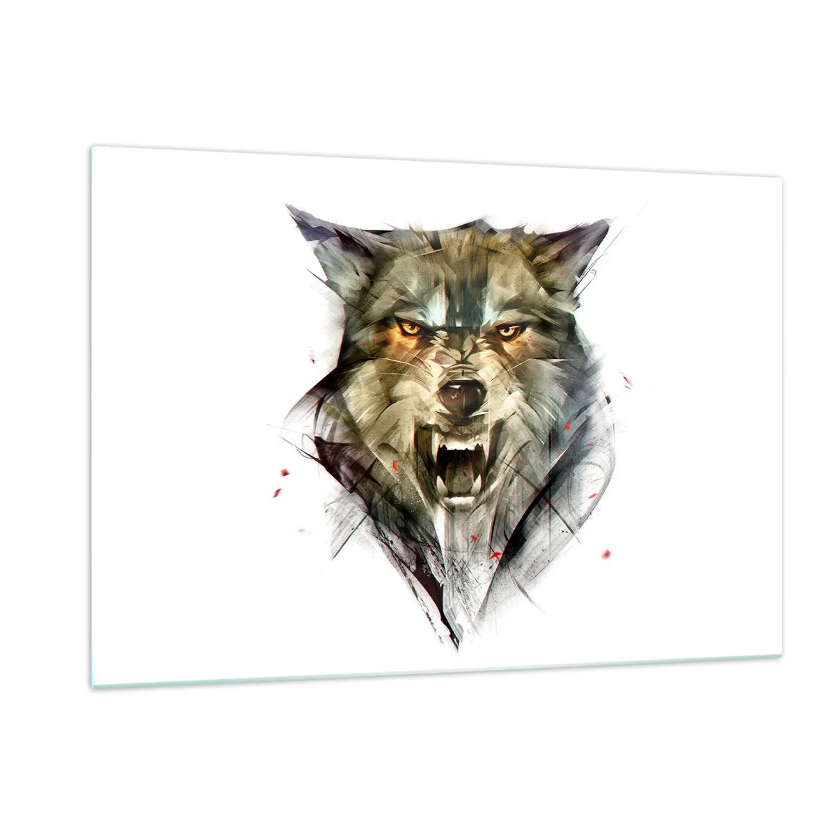 Glasbild - Bild auf glas - Eine Grafik eines bedrohlichen Wolfes mit offenem Maul und intensivem Blick - 120x80cm - Kein Schritt näher! - Moderne Wanddekoration für Wohnzimmer und Schlafzimmer ARTTOR