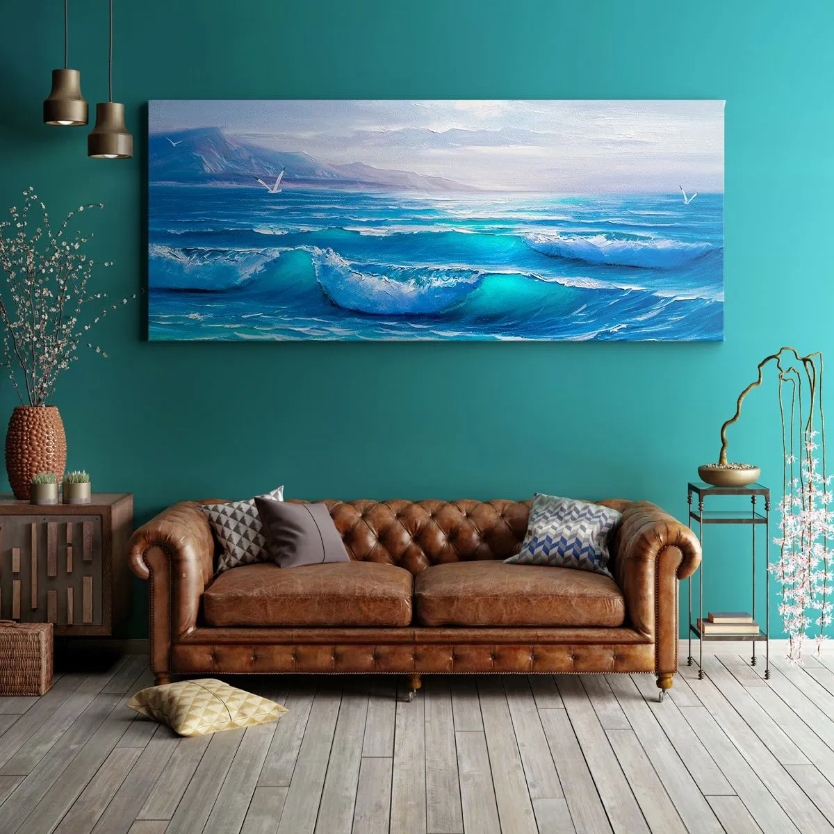 Bild auf Leinwand - Leinwandbild - Eine malerische Meereslandschaft mit Wellen und blauem Himmel - 160x50cm - Es bringt Erleichterung - Moderne Wanddekoration für Wohnzimmer und Schlafzimmer ARTTOR