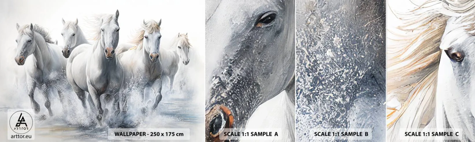 Fototapetenmuster Standard Eco - Weiße Magie - Pferde, Tiere, Aquarell - 100x30 cm