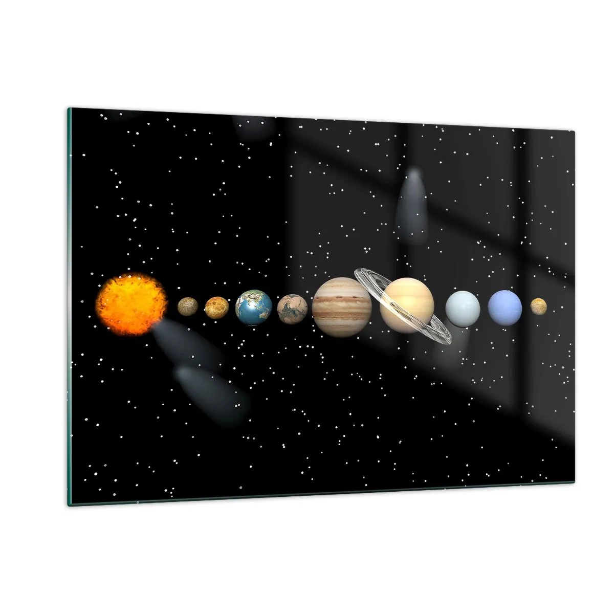 Glasbild - Bild auf glas - Das Sonnensystem vor dem Hintergrund der Sterne im Weltraum - 120x80cm - Und die Planeten werden verrückt und toben ... - Moderne Wanddekoration für Wohnzimmer und Schlafzimmer ARTTOR
