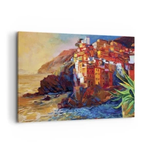 Bild auf Leinwand - Leinwandbild - Bunte Häuser auf einer Klippe über dem Meer - 100x70cm - Italienische Atmosphäre - Moderne Wanddekoration für Wohnzimmer und Schlafzimmer ARTTOR