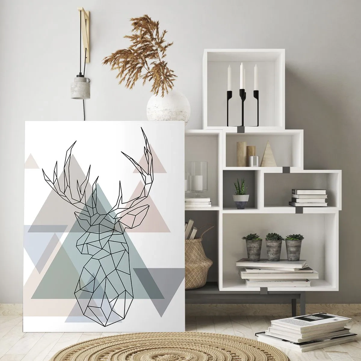 Glasbild - Bild auf glas - Geometrische Zeichnung eines Hirsches vor einem Hintergrund aus pastellfarbenen Dreiecken - 50x70cm - In einem geometrischen Wald - Moderne Wanddekoration für Wohnzimmer und Schlafzimmer ARTTOR