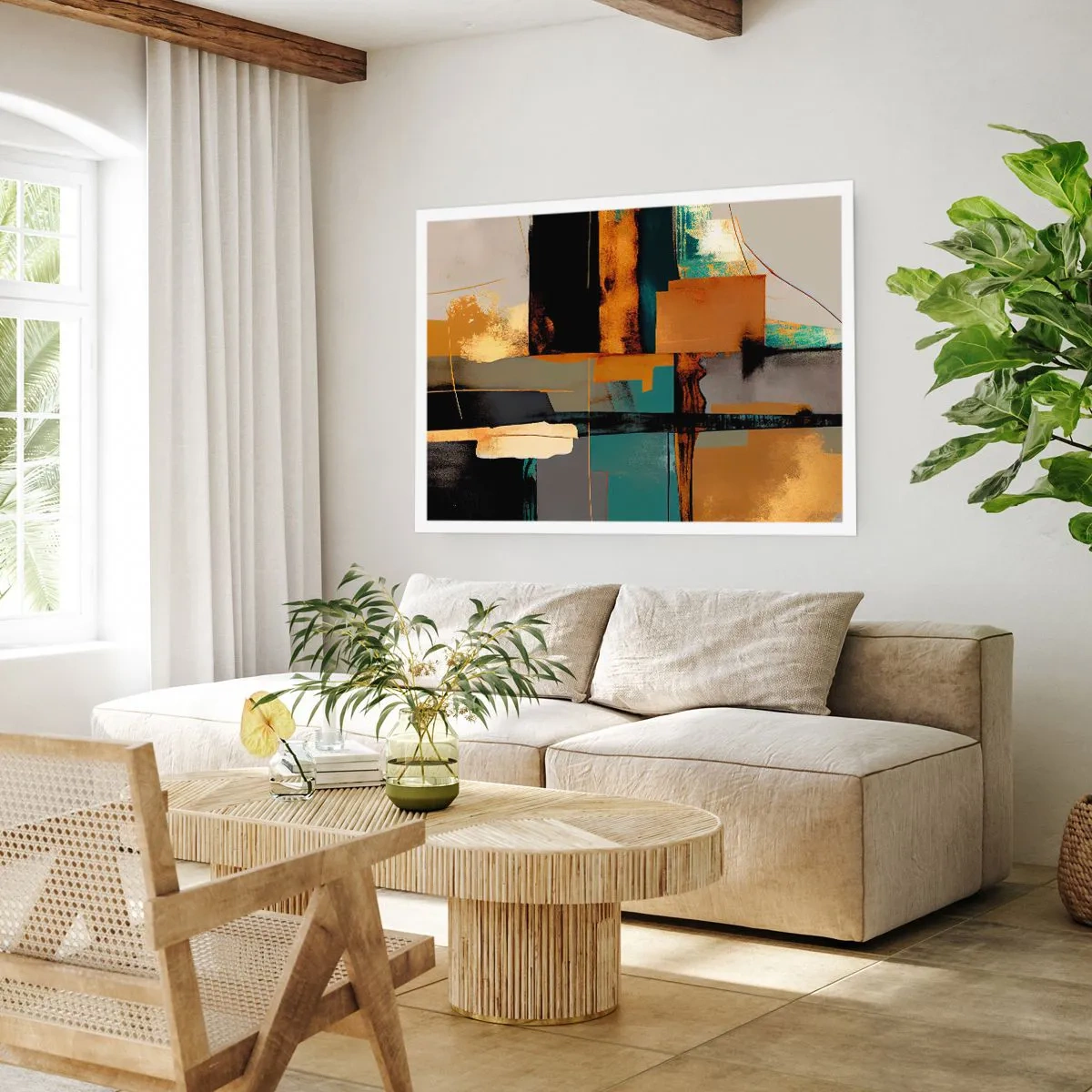 Poster - Abstrakte Komposition mit goldenen und türkisfarbenen Elementen - 100x70cm - Abstraktion – Licht und Schatten - Moderne Wanddekoration für Wohnzimmer und Schlafzimmer ARTTOR