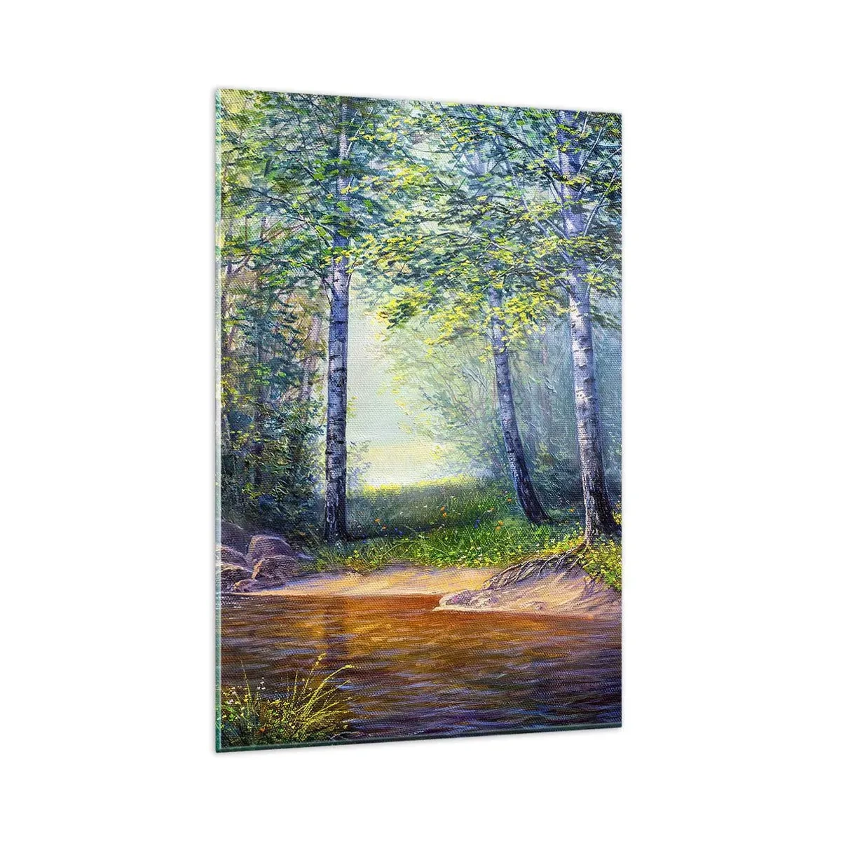 Glasbild - Bild auf glas - Ein Waldbach, umgeben von Birken und Sonnenschein - 80x120cm - Idyllische Landschaft - Moderne Wanddekoration für Wohnzimmer und Schlafzimmer ARTTOR
