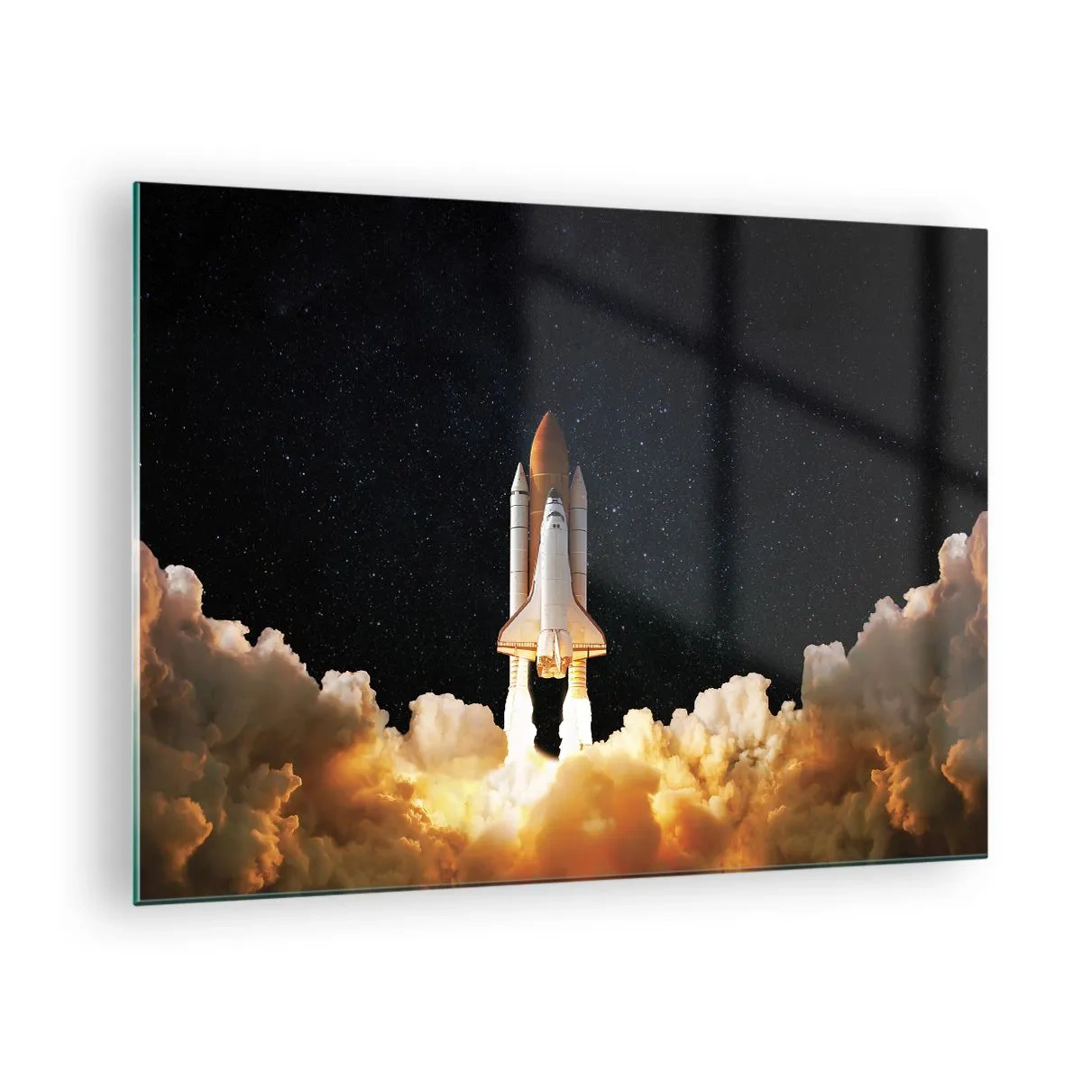 Glasbild - Bild auf glas - Ein Space Shuttle hebt vor einem Sternenhimmel ab - 70x50cm - Ad Astra! - Moderne Wanddekoration für Wohnzimmer und Schlafzimmer ARTTOR