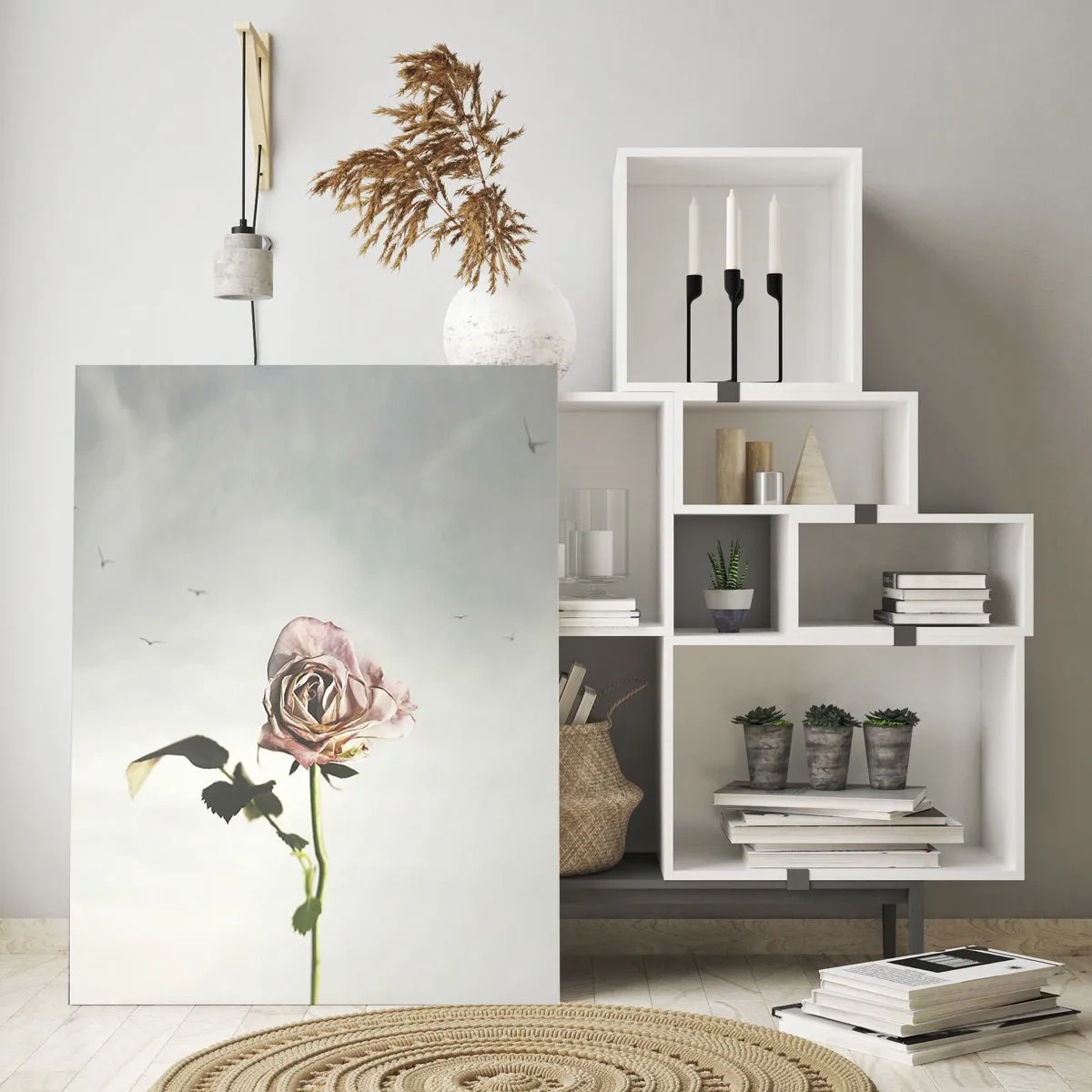 Glasbild - Bild auf glas - Eine zarte Rose vor dem Himmel mit fliegenden Vögeln - 50x70cm - Begrüßung des Frühlings - Moderne Wanddekoration für Wohnzimmer und Schlafzimmer ARTTOR