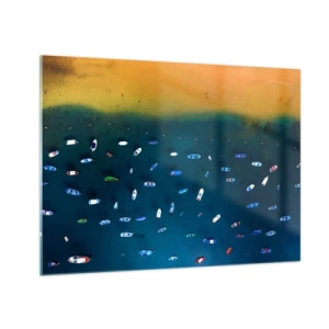 Glasbild - Bild auf glas - Boote vor der Kulisse von türkisfarbenem Wasser und einem goldenen Ufer - 70x50cm - Feiertagsspiel - Moderne Wanddekoration für Wohnzimmer und Schlafzimmer ARTTOR
