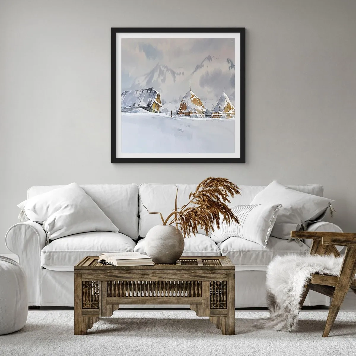 Poster in einem schwarzem Rahmen - In einem verschneiten Talkessel - 60x60 cm