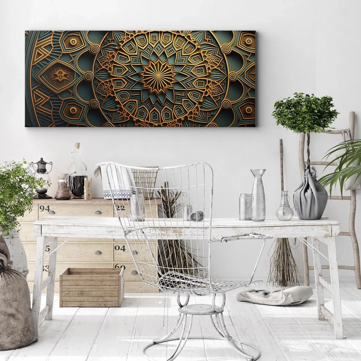 Bild auf Leinwand - Leinwandbild - Ein goldenes Mandala auf türkisfarbenem Hintergrund mit vielen Details. - 140x50cm - In arabischer Atmosphäre - Moderne Wanddekoration für Wohnzimmer und Schlafzimmer ARTTOR