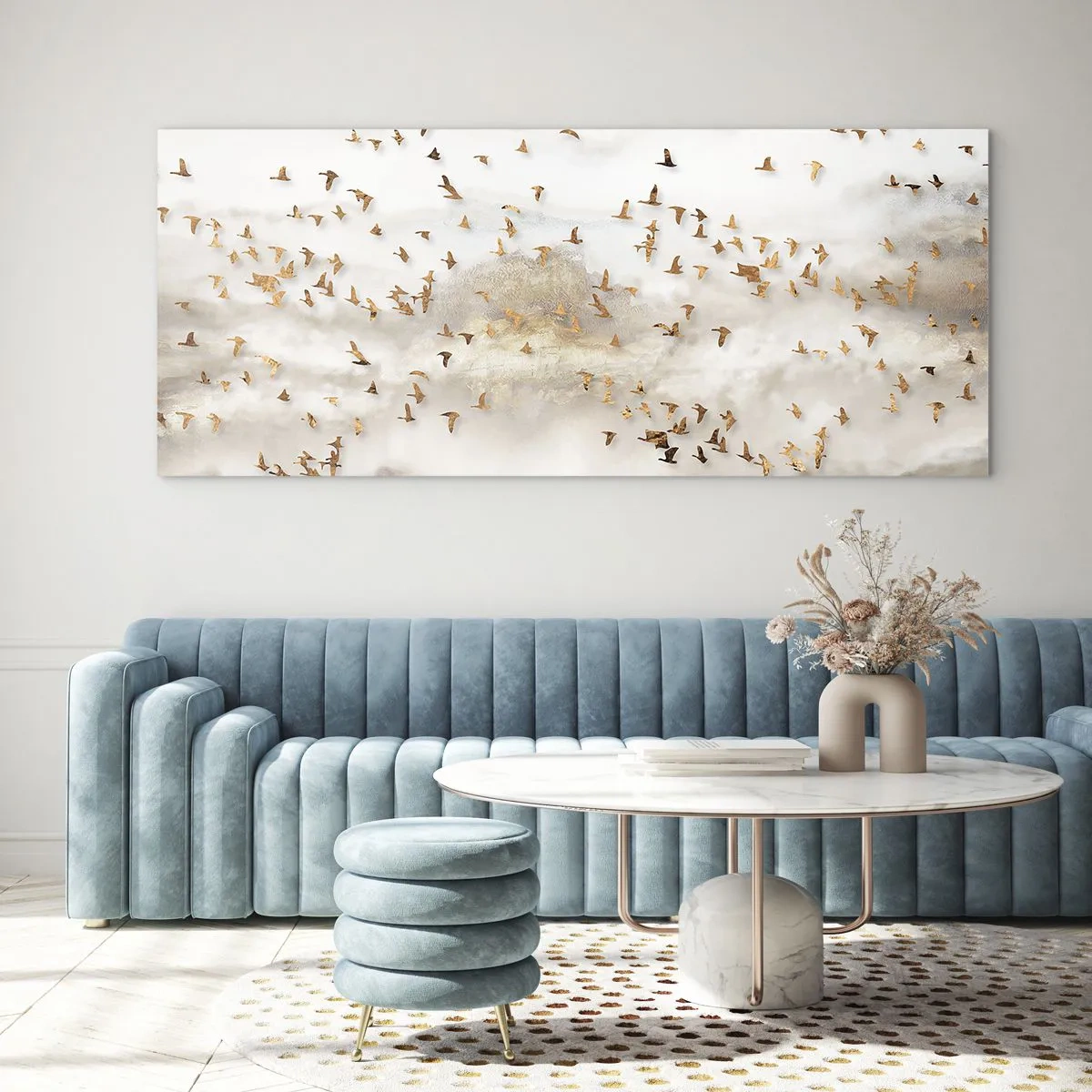 Glasbild - Bild auf glas - Goldene Vögel vor den nebligen Bergen - 120x50cm - Es ist schon die Zeit… - Moderne Wanddekoration für Wohnzimmer und Schlafzimmer ARTTOR