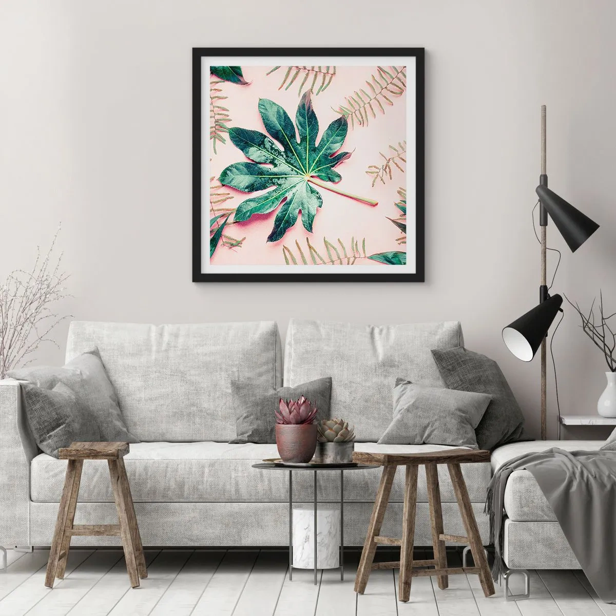 Poster in einem schwarzem Rahmen - Eine Studie von Grün auf einem rosa Hintergrund - 50x50 cm