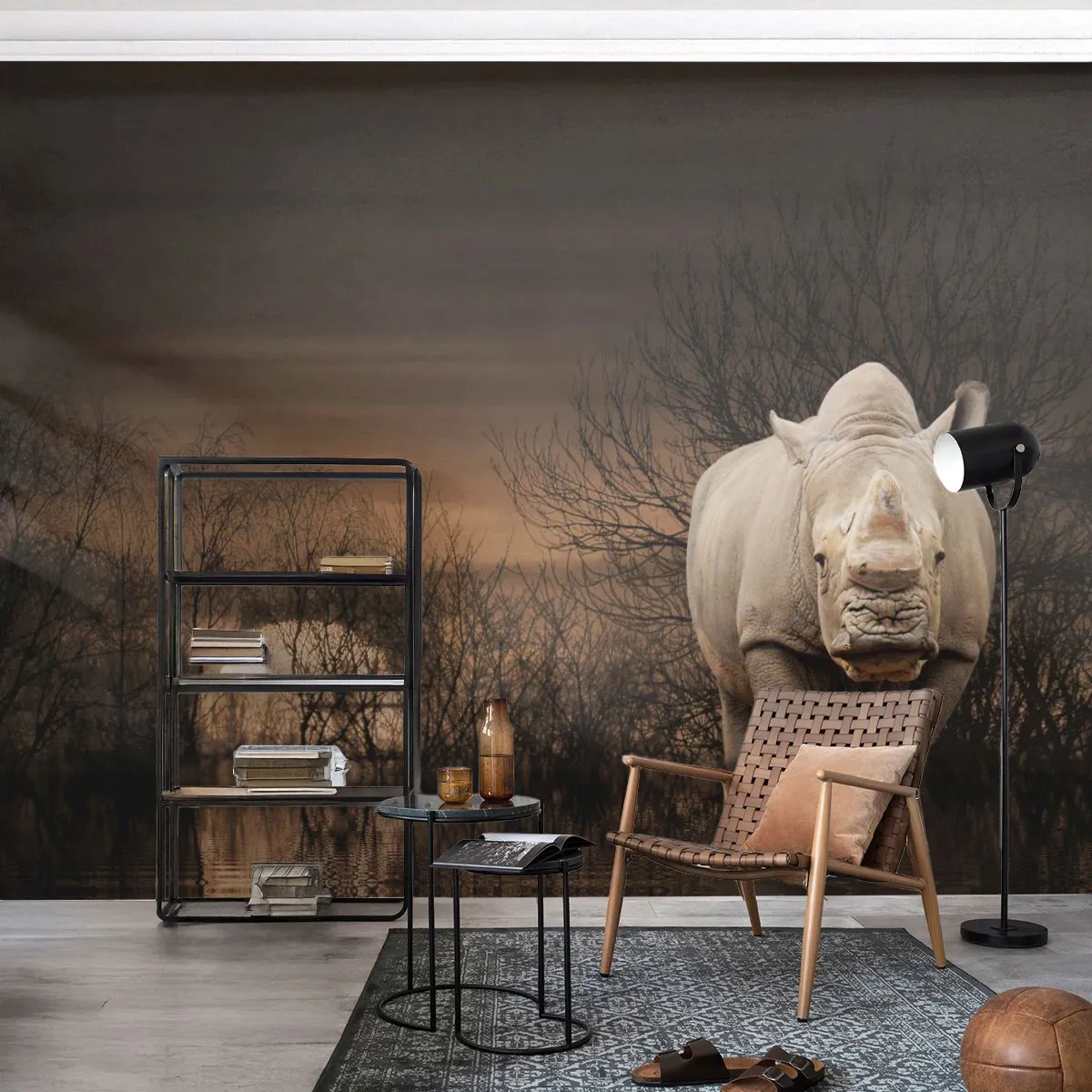 Fototapete Premium Canvas - Weiß gegen die Natur - Nashorn, Tiere, Afrika - 500x350 cm