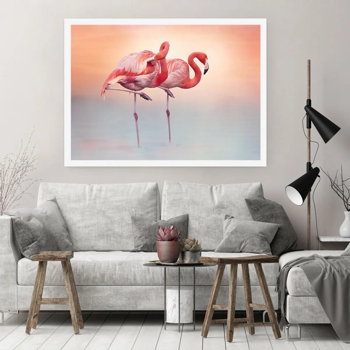 Poster - Flamingos in zarten Pastellfarben auf Wasserhintergrund - 100x70cm - Die Farbe der untergehenden Sonne - Moderne Wanddekoration für Wohnzimmer und Schlafzimmer ARTTOR